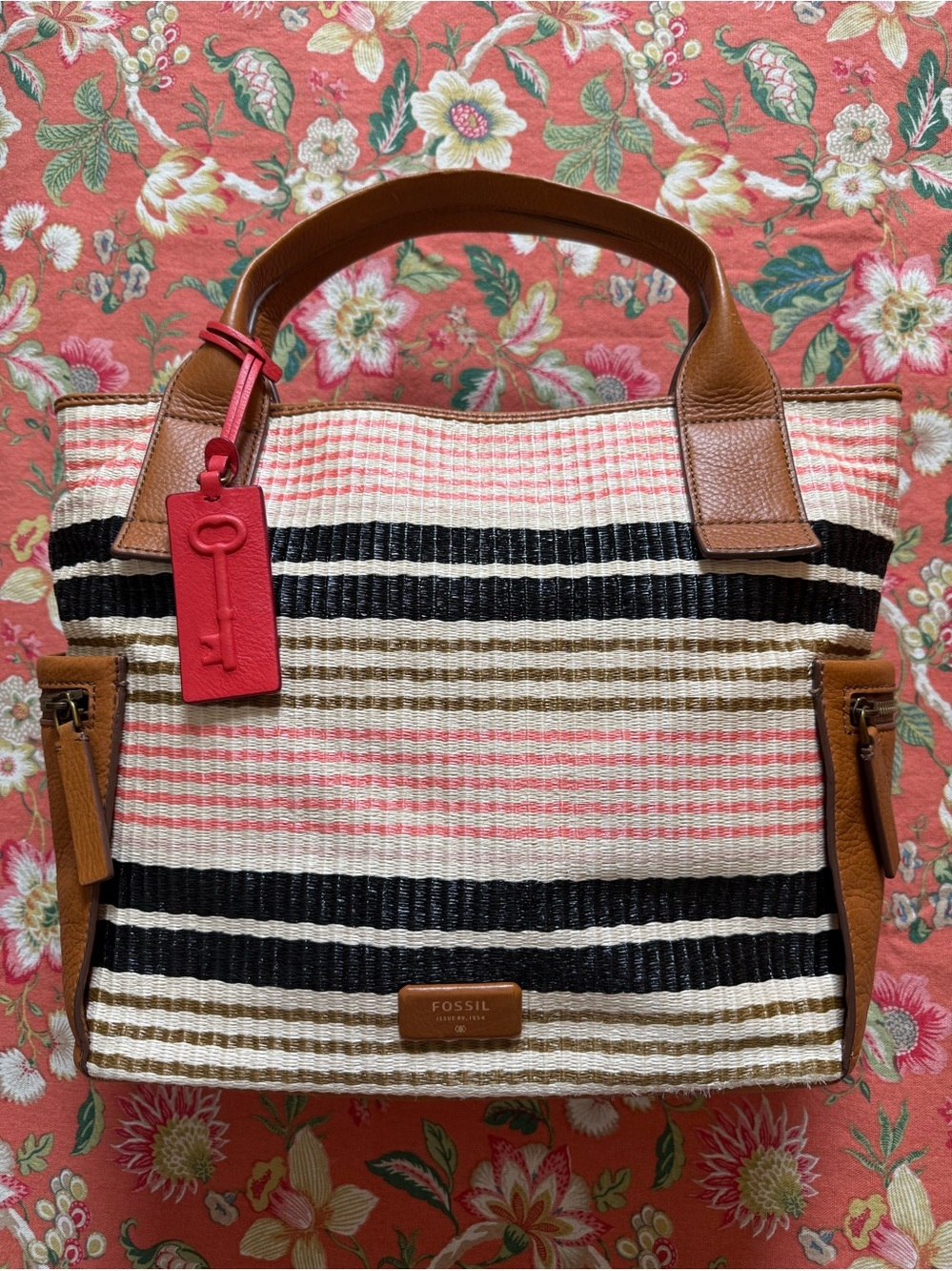 Fossil Striped Straw & Leather Tote in Pink, Black, Tan
